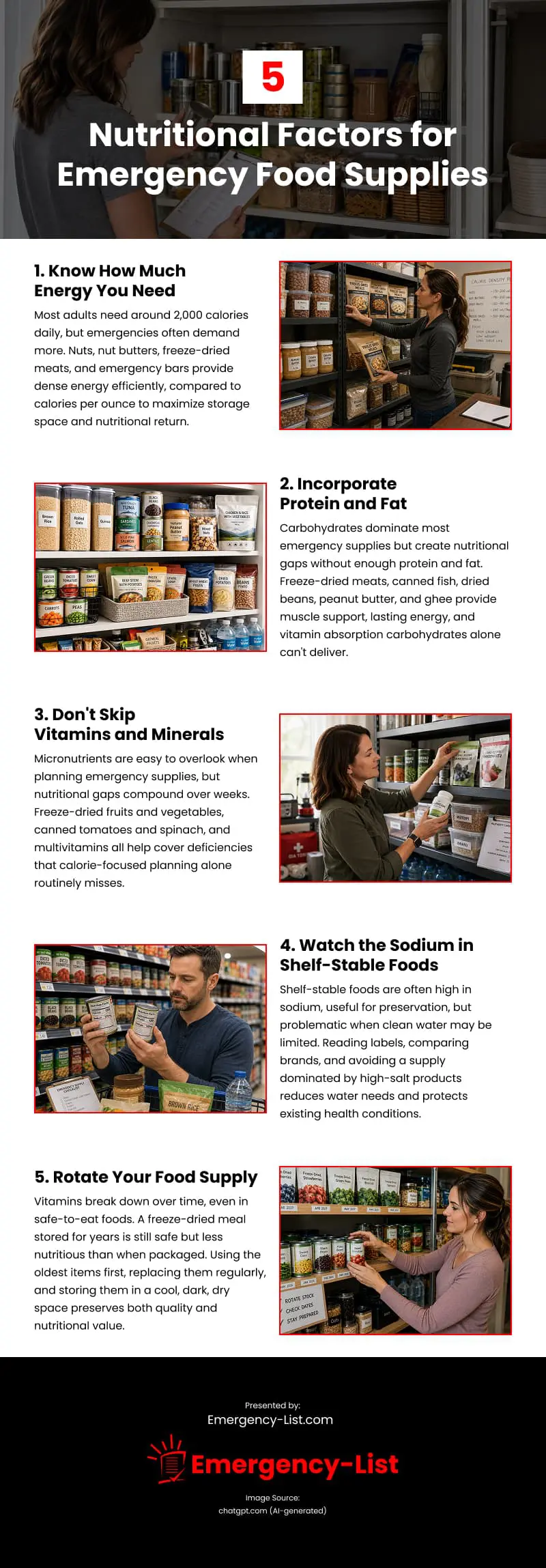 5 Nutritional Factors for Emergency Food Supplies Infographic